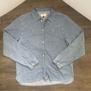 Triarchy Women Blue Point Collar Cotton Logo Stirrup Denim Shirt Snap Sz L